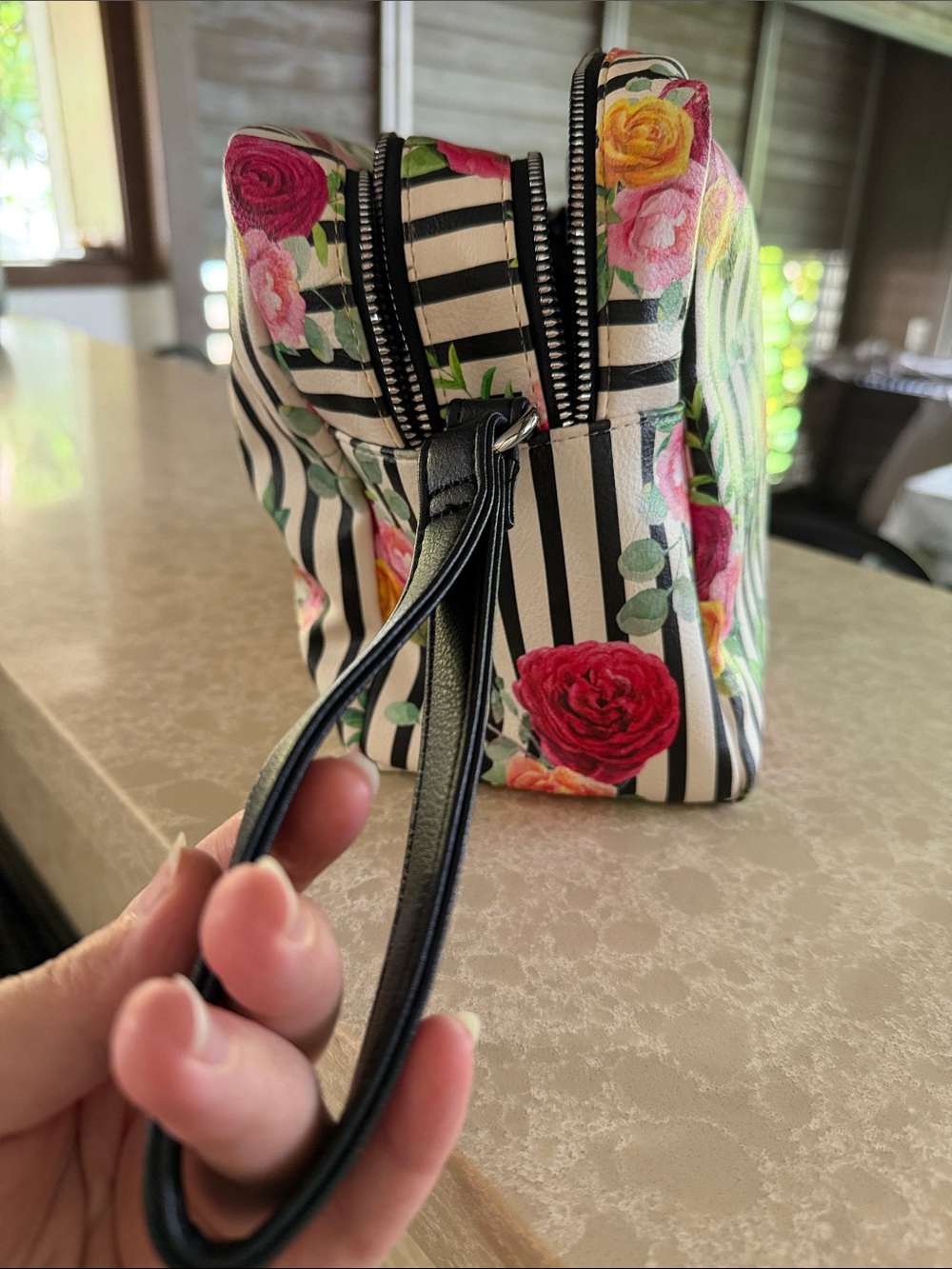 Betsey Johnson Black & White Striped Floral Wristlet Cosmetic Pouch - Picture 4 of 7